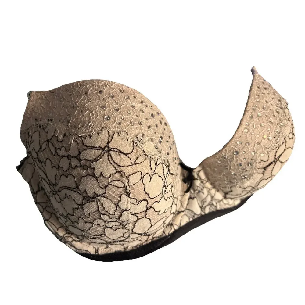 Victoria’s Secret Dream Angels Bra 32DD Lined Demi Black Ivory Bling